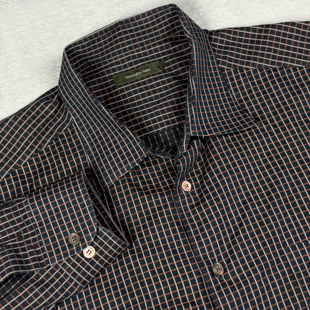 Ermenegildo Zegna Button Down Mens 2XL Blue Orange Grid Check Long Sleeve Shirt